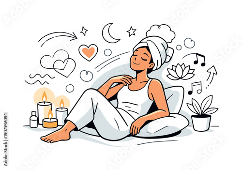 Rest & self-care moment. Minimal interior hints, candles glowing softly while the person relaxes and unwinds. Quiet,