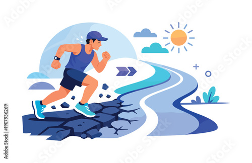 Long-distance perseverance. A runner continues despite fatigue, cracked road transforming into smooth path ahead. Symbol