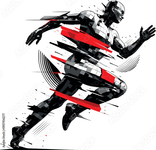 A dynamic human body where anatomy is substituted with abstract blocks, fragmented cubic shapes offset and layered to