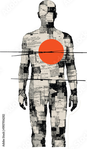 Paper Existence Collage. A black-and-white human figure standing still, body entirely composed of layered paper textures