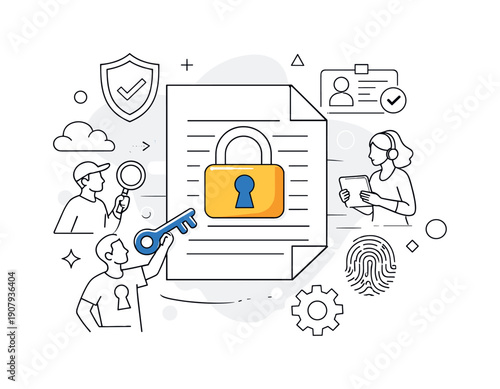 Secure Document. Paper sheet protected by a digital lock, controlled access and confidence. Minimal icons and geometric