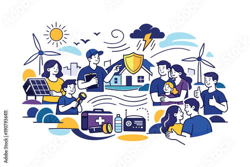 Community clean energy. Local wind and solar installations protecting neighborhoods from storms, people feeling safe and