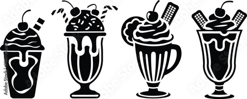 Milkshake and Ice Cream Sundae Dessert Vector Icon Set