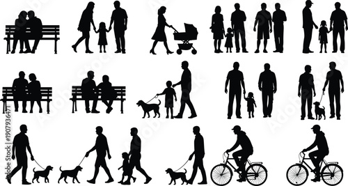 Comprehensive black family silhouette set featuring couples on benches, parents with strollers, children walking dogs, and people riding bicycles isolated on white background vector.