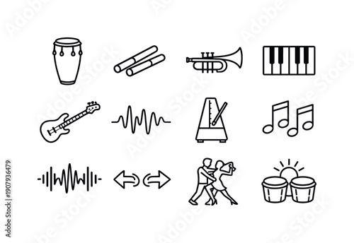 Latin Music Icons. Latin Music Rhythm. Line outline icon set of Latin Music Rhythm: conga drum, clave sticks, trumpet,