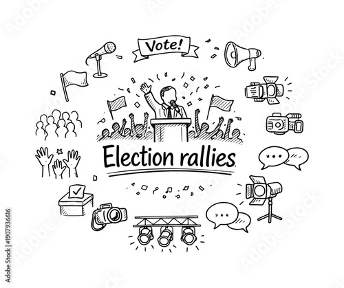 Election rallies. Hand-drawn doodle illustration of Election rallies. In the middle, one slightly larger central doodle