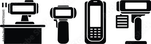 Electronic Device Silhouette Icons Set, Camera, Scanner, and Mobile Phone, vector illustration