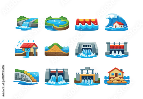 Flood Prevention Icons. Flood prevention. Colorful flat vector icons set of Flood prevention: overflow channel,