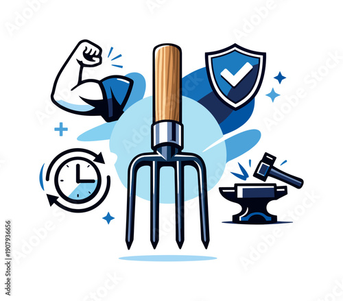 Modern agricultural tool detail. A pitchfork handle combined with minimal metal elements, icons pointing to strength and