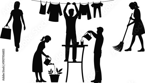 Family daily household chores silhouette set with cleaning, shopping, gardening and laundry activities isolated on white background