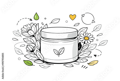 Botanical packaging concept. Cosmetic or food package with floral illustrations growing around it, petals and leaves