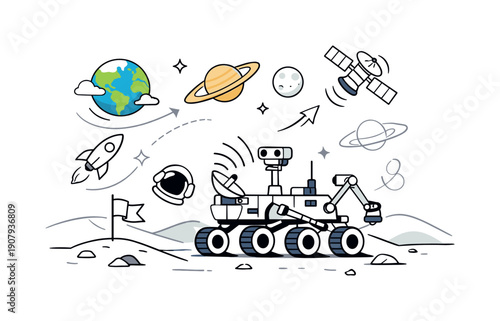 Mars Rover Exploration. Space science & discovery. Minimal Mars landscape with rover, satellite signals, and simple