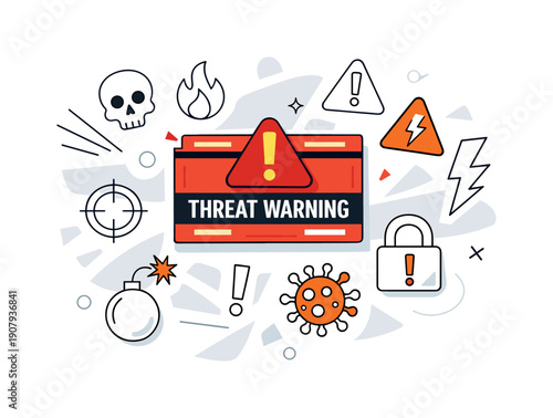 Threat Warning. Alert panel flashing with an exclamation mark, subtle tension in the interface, focused awareness moment