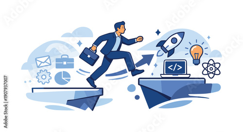 Switching careers. Person stepping from one platform to another, old icons fading while new industry symbols appear