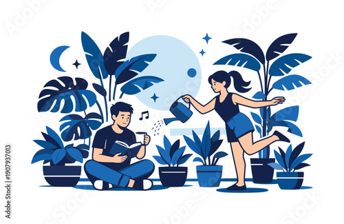 Urban Jungle Harmony. Indoor tropical vibe. Potted tropical plants arranged in layers, large leaves casting soft shadows