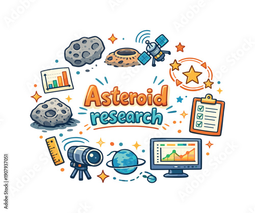Asteroid research. Hand drawn illustration of Asteroid research. irregular asteroid, surface crater, space probe, radar