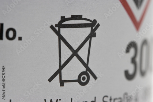 close up view of the crossed out wheeled bin symbol, indicate that the item should not be disposed of with regular household waste. usually used for Waste Electrical and Electronic Equipment WEEE