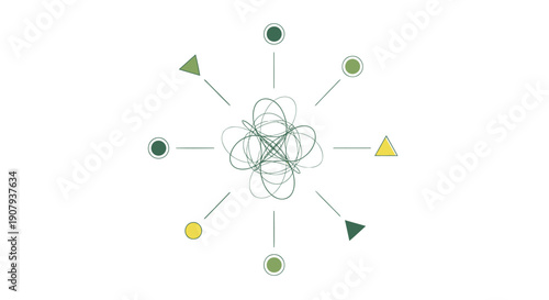 Vector atomic structure illustration with green and yellow atoms, science or chemistry concept for education or presentation, isolated on transparent background, png