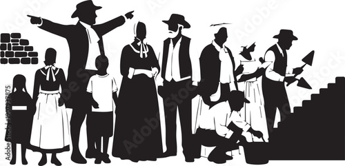 Group of pioneers building structure silhouette illustration with pointing leader vector