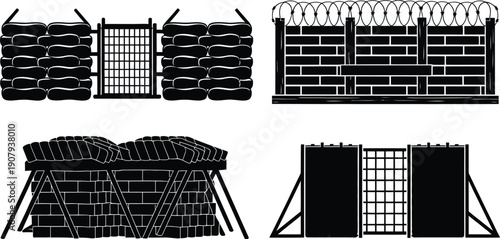 Military Fortification and Defense Barrier Silhouette Set