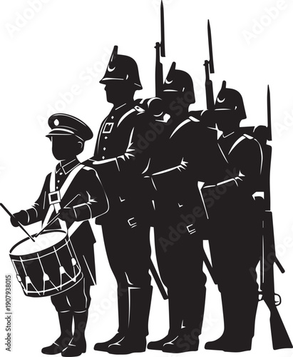 Military band drummer boy with soldiers silhouette illustration in uniform vector