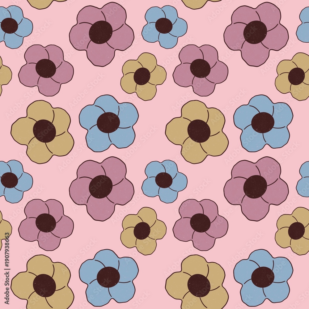 Fototapeta premium Spring flowers with pink background seamless pattern digital papers vinyl fabric surface design.