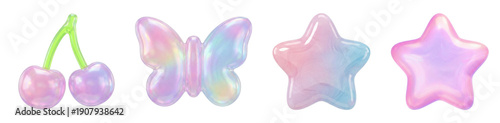 ぷにぷにゼリー風3Dアイコンセット ― さくらんぼ・蝶・星のグロッシーオブジェクト