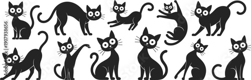 Cute cartoon cat characters collection isolated on white background, playful black feline poses set, flat vector illustration design
