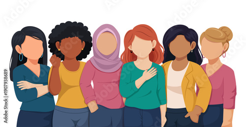 Set of Diverse Women Faceless Characters, Multiethnic Female Group Representing Global Diversity and Inclusion, Flat Vector Illustration of Women with Different Hair Types and Styles