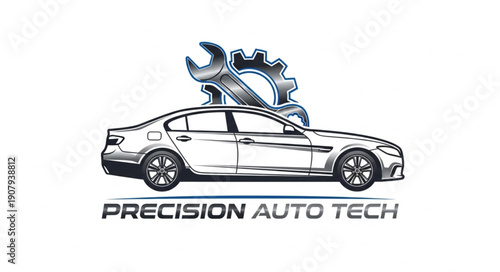 Modern Sedan Car with Wrench and Gear Logo for Auto Repair.