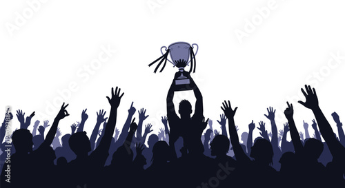 Silhouette of a triumphant champion raising a large silver trophy above a cheering crowd