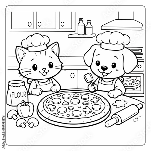 Cute Chef Companions Coloring Book: A charming illustration depicts a cat and dog, both wearing chef hats, happily preparing a delicious pizza in a cozy kitchen setting. 
