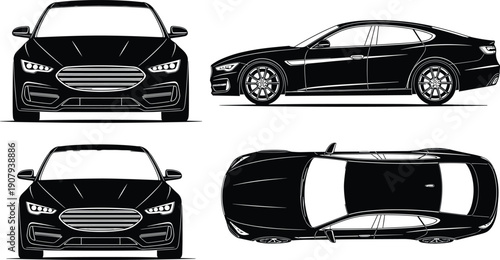 Modern luxury sedan car vector set featuring front view side profile and top down perspectives isolated on white background for automotive design and advertising.