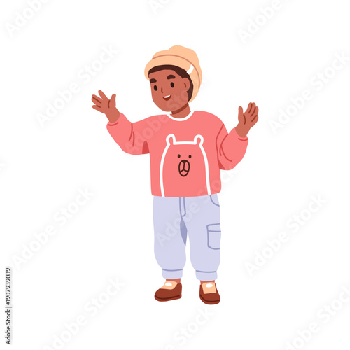 Cute boy with open arms, speaking, smiling. Happy excited kid standing, gesturing with hands, talking. Preschool kindergarten child character. Flat vector illustration isolated on white background