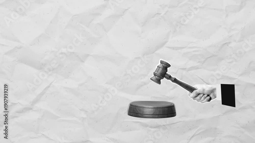 Hand banging wooden gavel in black and white pop art digital collage