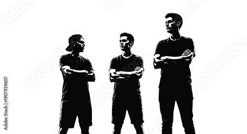Three young athletes standing confidently with arms crossed in dramatic high contrast silhouette