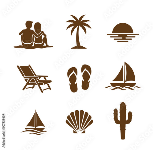 Brown silhouettes of beach and summer icons on white background  people sitting on sand palm tree sun chair flip flops sailboats shell cactus