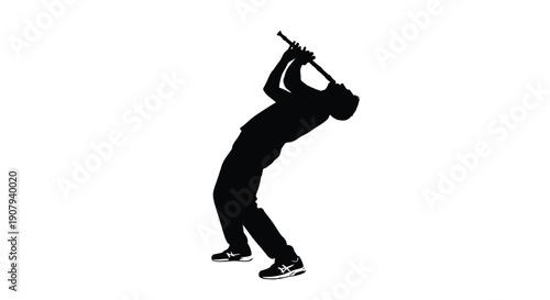 Silhouette of a musician dramatically leaning backward while playing a wind instrument intently