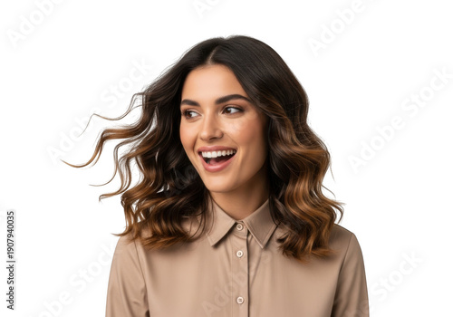 Smiling young woman with long brown hair on isolated transparent background