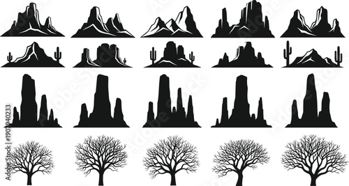 Set of Mountain Silhouettes Canyon Buttes Desert Cactus and Bare Tree Icons for Nature Landscapes Wilderness Adventure Design Outdoors Graphic Elements and Silhouette Vector Art