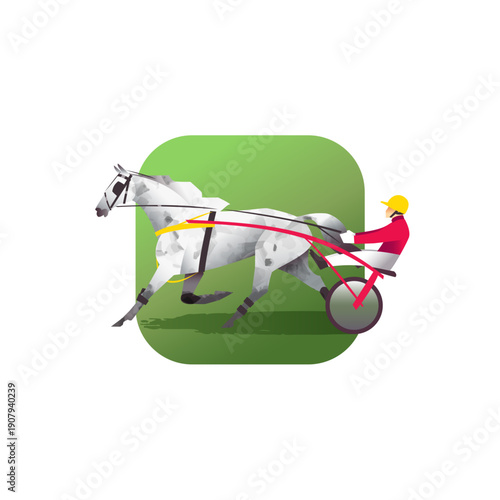 Grey trotter horse and driver in sulky, equestrian vector icon,  harness racing scene