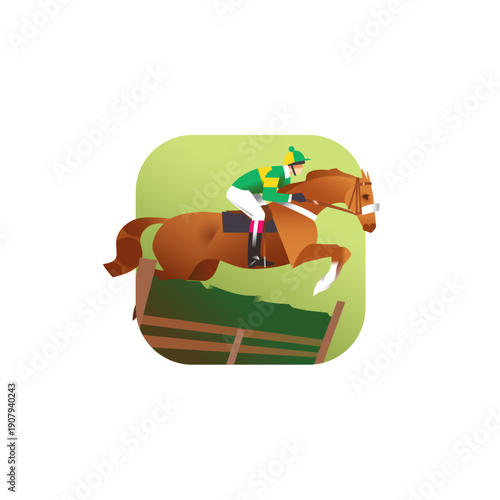 Red racehorse with jockey jumping the fence, equestrian vector icon, steeplechase scene