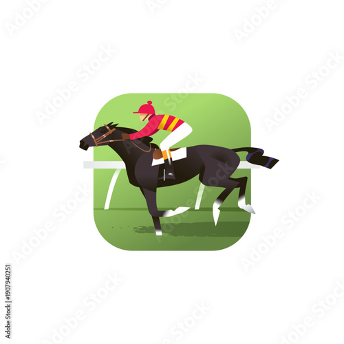 Black racehorse galloping with jockey, equestrian vector icon,  flat race scene