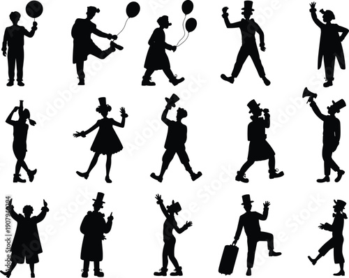 Clown silhouettes icons collection isolated on white background, circus performer funny poses with balloons hats set, flat vector illustration