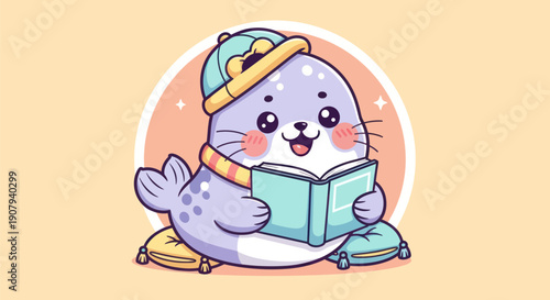 Cartoon seal reading book wearing hat and scarf vector illustration