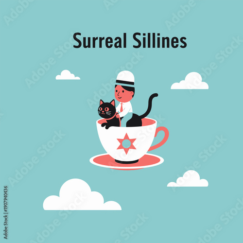 A Whimsical Illustration of a Child Riding a Black Cat Within a Teacup Surrounded by Fluffy Clouds Under a Bright Blue Sky