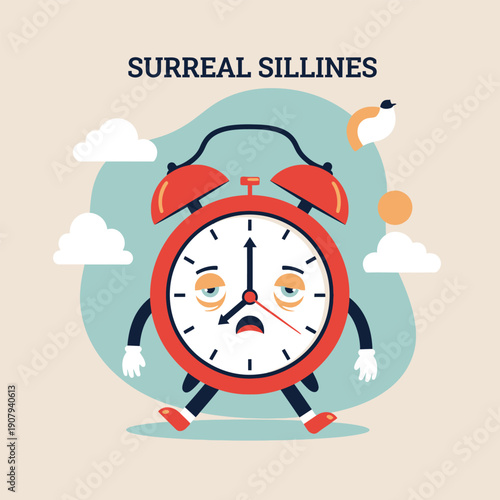 Surreal silliness a tired, anthropomorphic alarm clock walks across a pastel background with clouds and sun