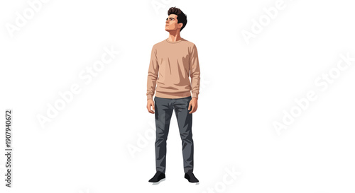 Young man wearing a tan sweater and dark pants stands looking upward toward a bright future
