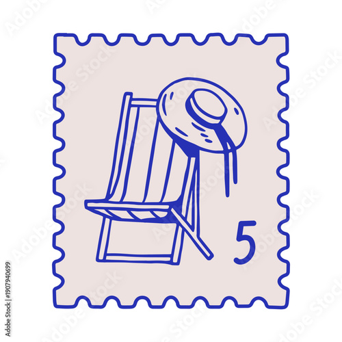Post stamp design with deck chair, straw hat. Coastal sea resort, summer holi...