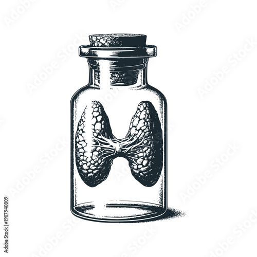 Glass jar with thyroid gland inside